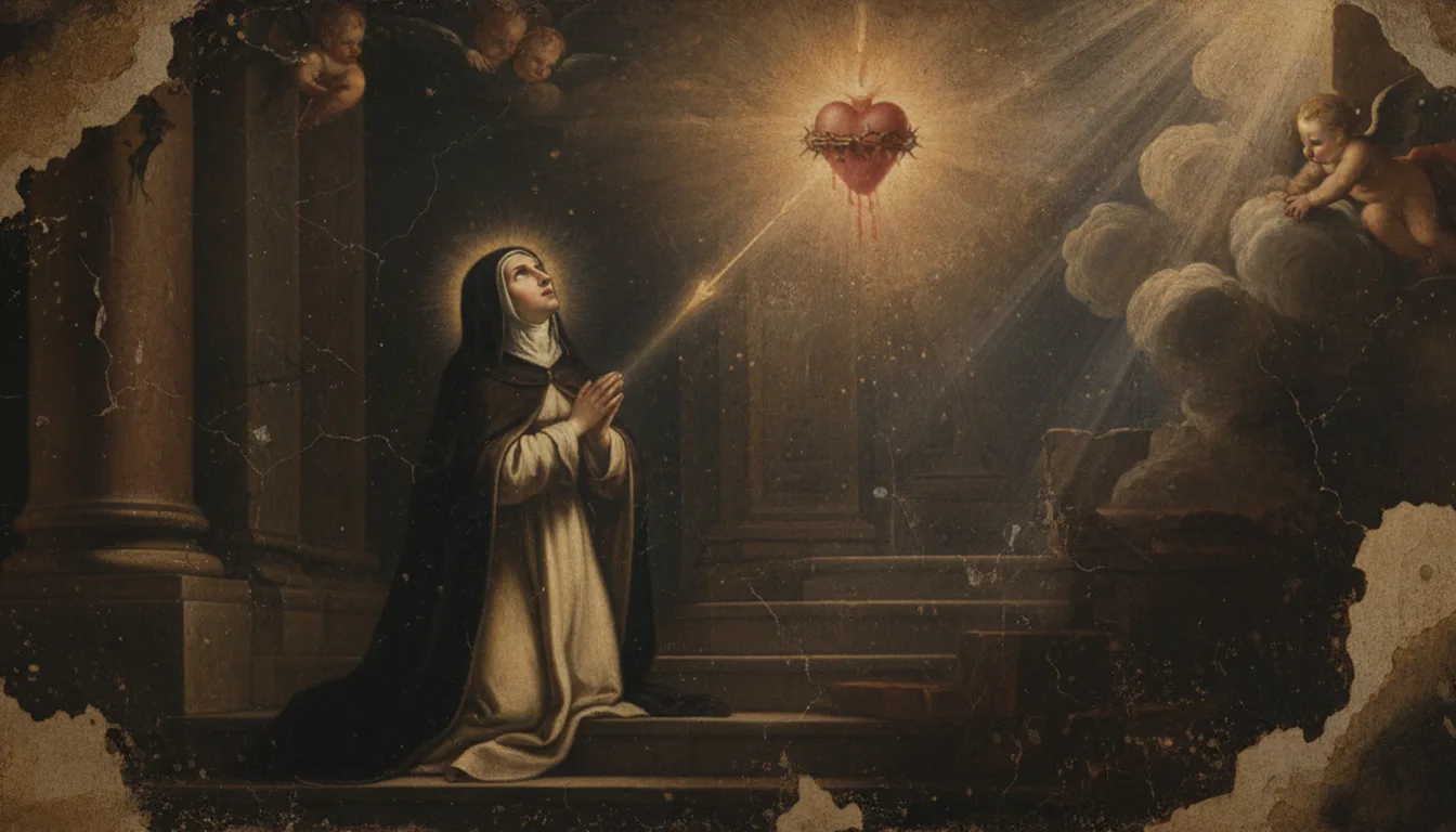 A golden arrow of prayer rises toward the wounded Sacred Heart in light