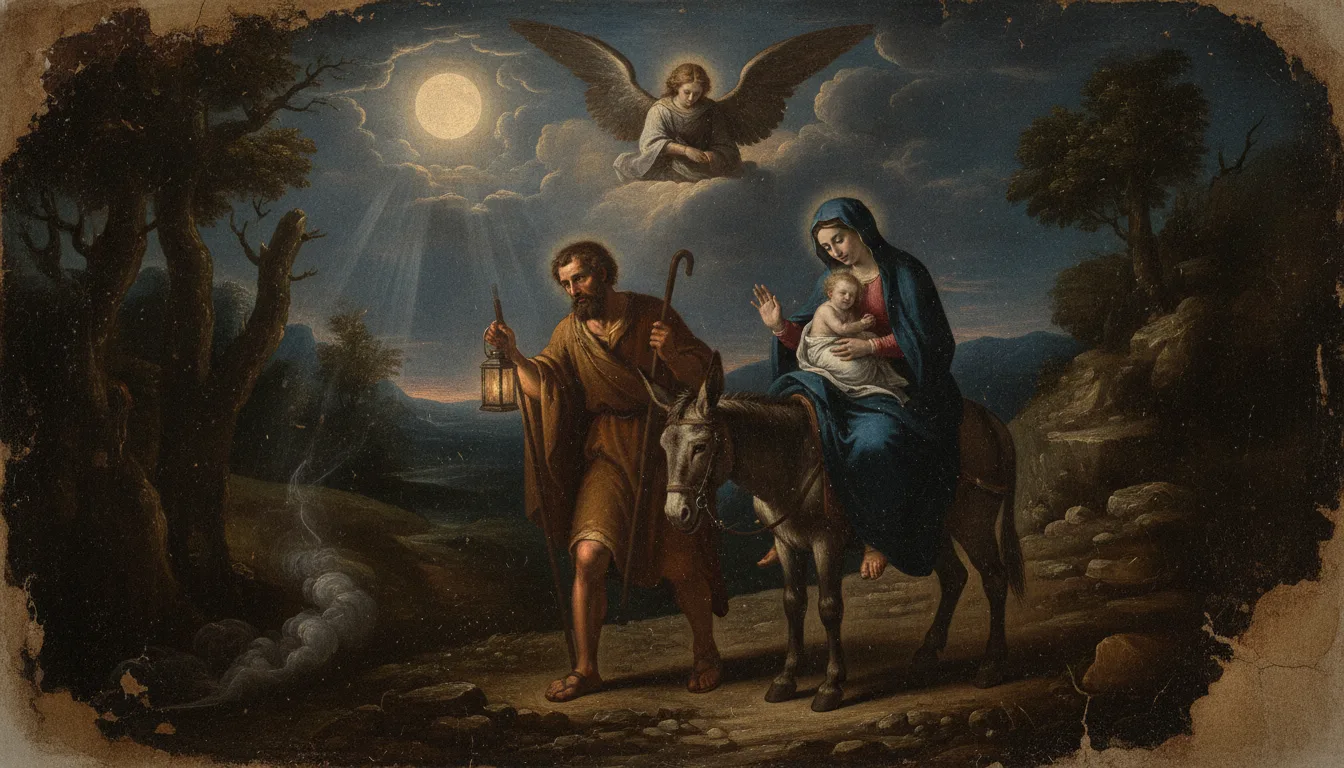Saint Joseph, averti en songe, fuyant en Égypte de nuit avec l'Enfant Jésus et la Vierge Marie pour échapper à Hérode