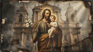 A bearded man holding the Christ Child and a white lily, standing before a great baroque church facade