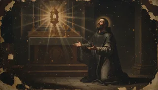A haloed robed friar kneels with open arms before an altar bearing a radiant golden monstrance and chalice