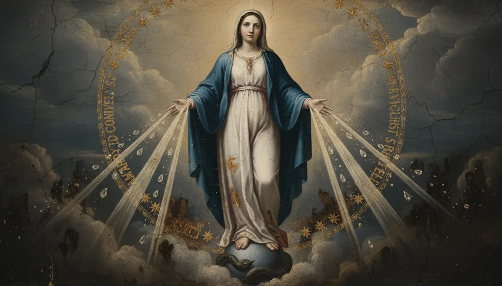 Nossa Senhora da Medalha Milagrosa de manto azul, braços abertos sobre o globo, raios de luz e querubins