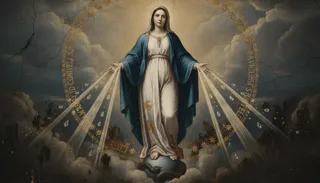 Nossa Senhora de manto azul de braços abertos sobre o globo, entre raios de luz e querubins nas nuvens