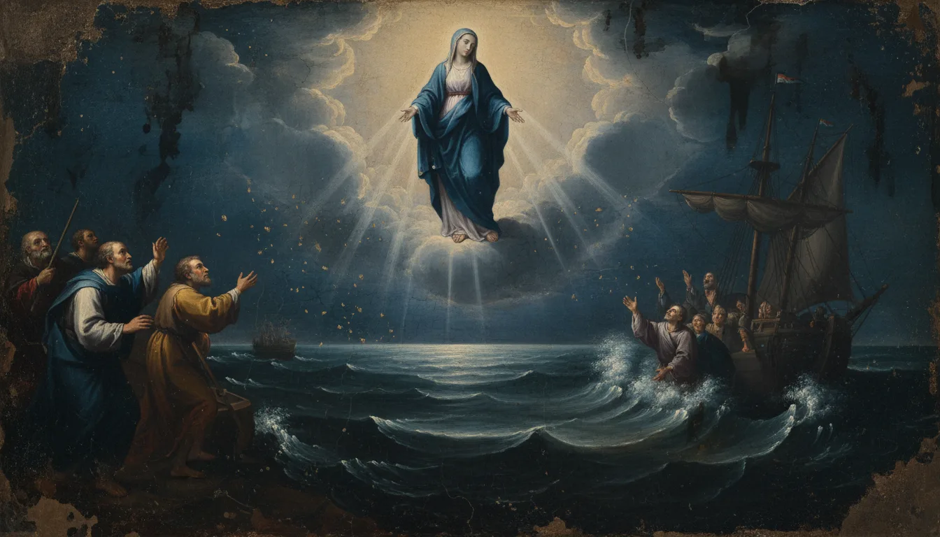 The Blessed Virgin appearing in radiance above a storm-tossed ship as the sea grows calm