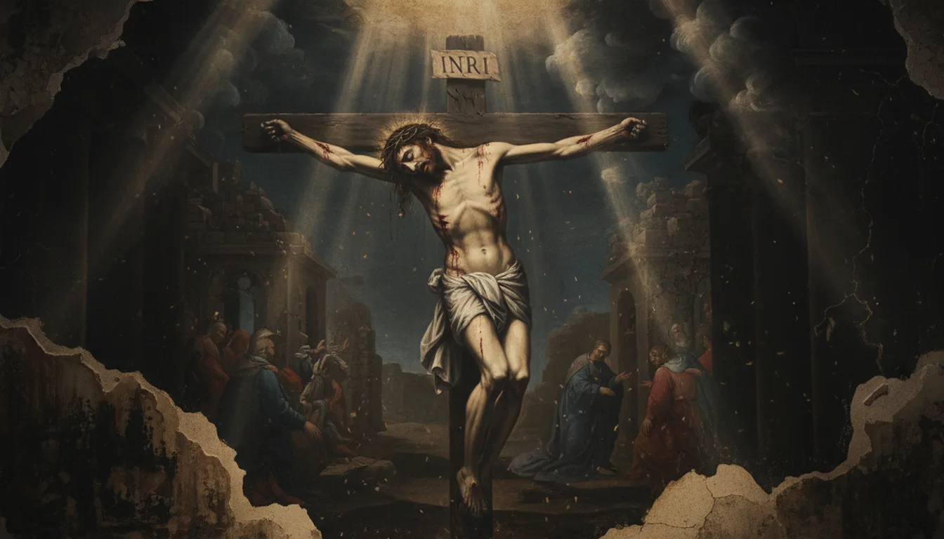 The crucified Christ with head fallen and open wounds fixed upon a dark wooden cross bearing the INRI title