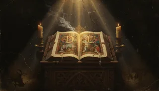 Livro iluminado aberto com iniciais ornadas sobre um atril de madeira entalhada, entre duas velas acesas