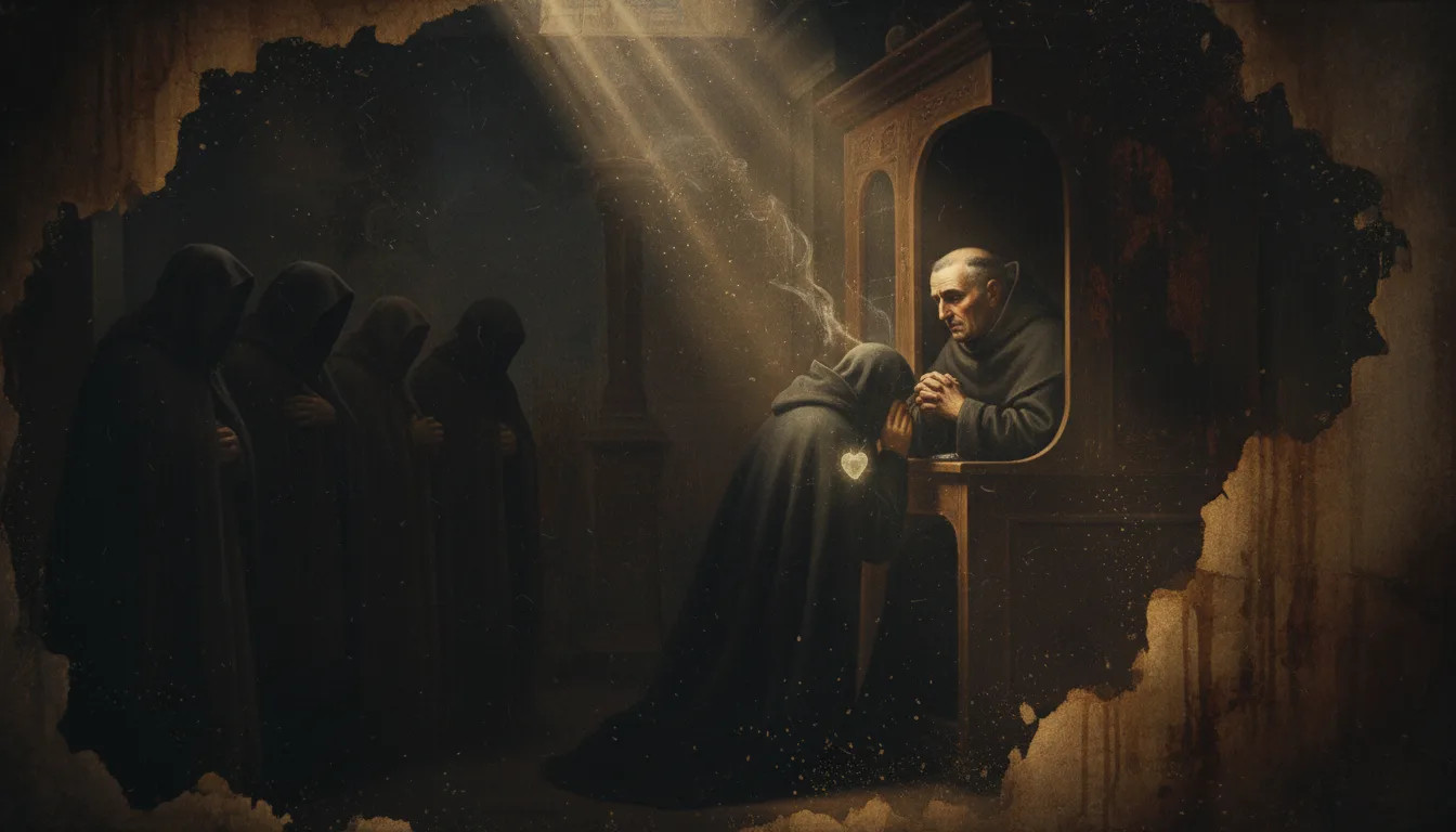 Padre Pio passant de longues journées au confessionnal, lisant les cœurs et ramenant les âmes à Dieu