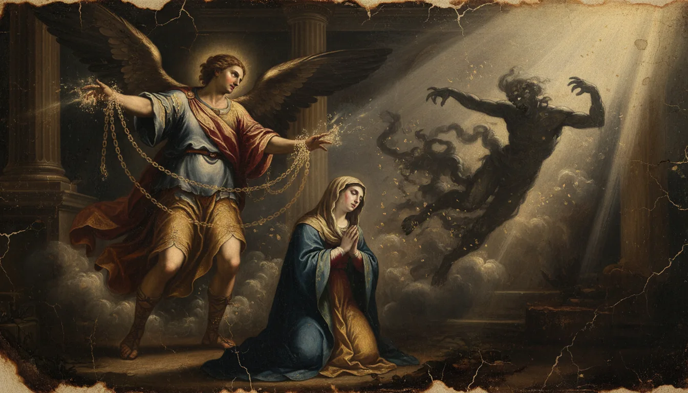 Saint Raphaël délivrant Sara du démon Asmodée et enchaînant l'esprit mauvais loin d'elle