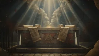 Autel de pierre drapé de deux tables inscrites et de rouleaux, fumée montante et rais de lumière