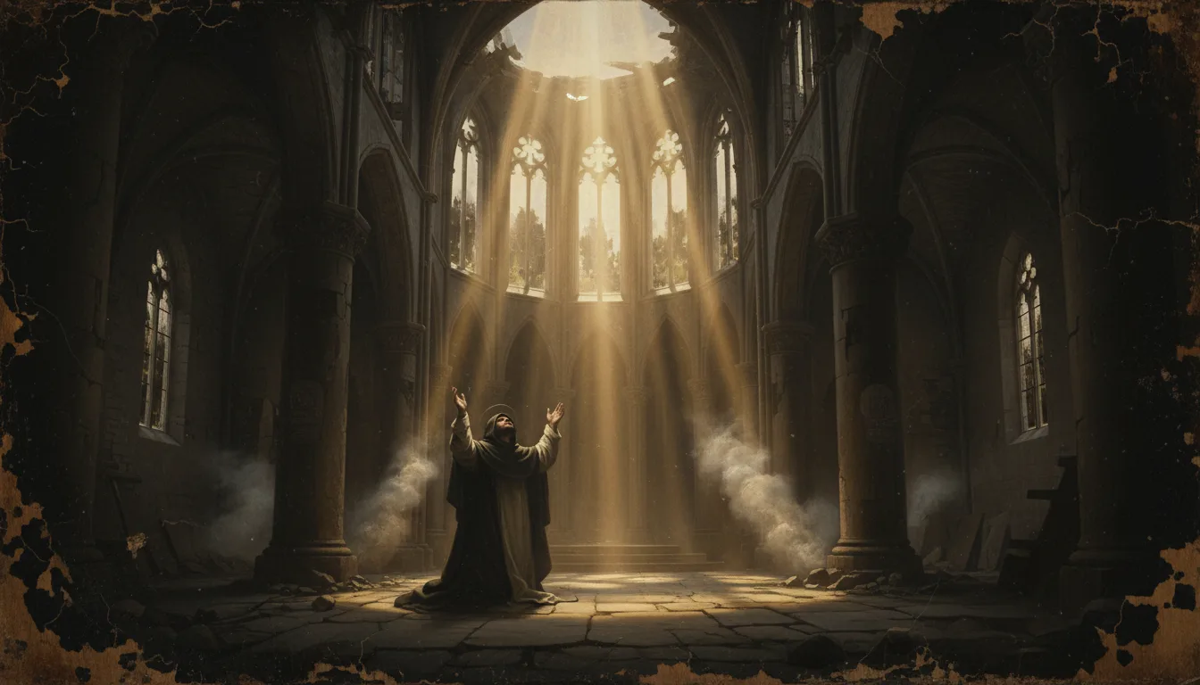 A hooded man kneels with raised arms in a ruined church lit by heavenly beams