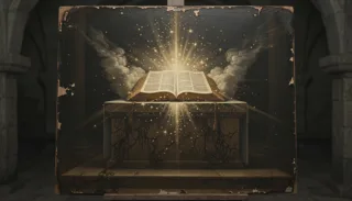 Weathered oil painting on an easel of an open glowing book radiating light upon a cracked stone altar amid clouds and darkness