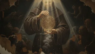 Mãos de um monge seguram uma medalha redonda e luminosa com uma cruz, rostos sombrios espreitando na escuridão ao redor