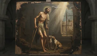 Homem barbudo e magro de muletas, coberto de trapos, com dois cães ao lado de um portão de ferro, entre arcos de pedra
