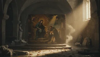 Matka Boża w błękitnej szacie wręcza różaniec klęczącemu zakonnikowi, wokół cherubiny i światło
