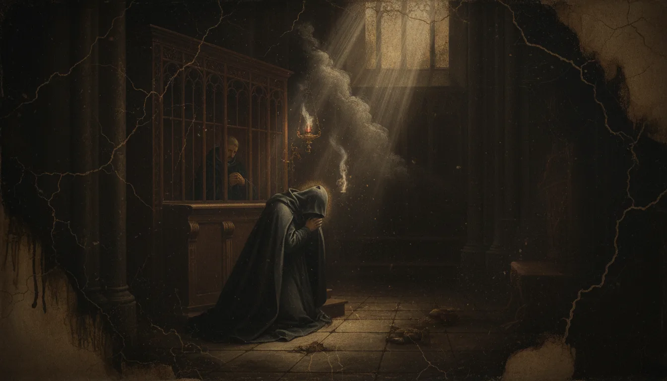 A penitent kneeling at a wooden confessional in a shadowed church