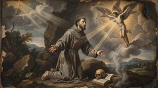 St Francis of Assisi as a kneeling friar with open arms before a winged crucified figure, skull and open book nearby