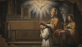 Biskup w mitrze nakłada ręce na klęczącego mężczyznę, obok duchowni z pastorałami pod promieniejącą gołębicą