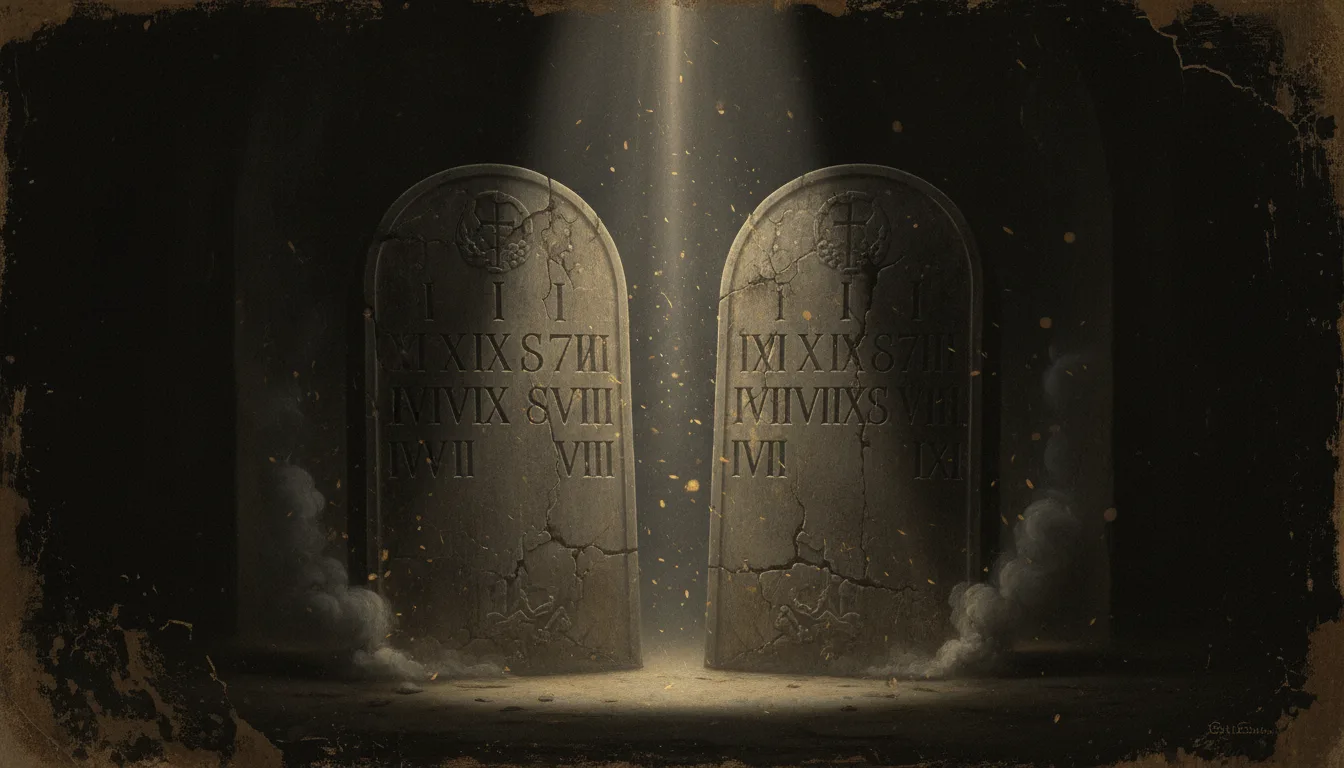 The two stone tablets of the Ten Commandments glowing in shadow