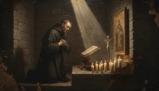 A haloed monk kneels with a rosary before candles, a crucifix, an open book and a framed icon in a stone cell