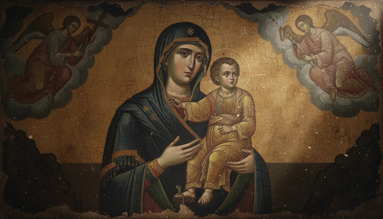 El icono del Perpetuo Socorro: el Niño se refugia en María mientras los arcángeles muestran la cruz