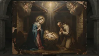 A veiled Virgin and a robed St Joseph kneel in prayer beside the newborn Child in the manger, cherubs above