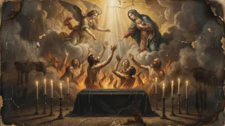 Ein Engel und eine Frau über Gestalten, die inmitten von Flammen die Arme erheben, mit Leuchtern und Altar