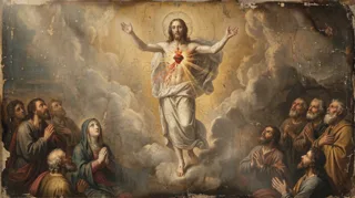 Devotional painting of the haloed Christ with a pierced radiant heart, arms outstretched above kneeling worshippers