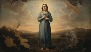 St Maria Goretti as a haloed monk-like figure kneeling with rosary before candles, a crucifix and open book in a stone cell