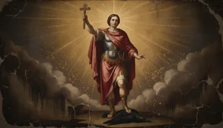 St Expeditus as a young Roman soldier in armour and red cloak raising a cross, a dark bird at his feet
