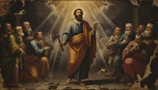 St Matthias the Apostle as a haloed monk in dark habit kneeling with a rosary before a candle, open book and crucifix