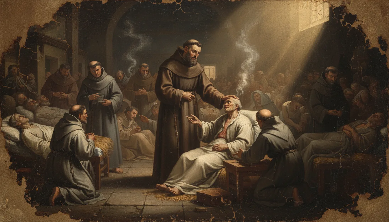 Padre Pio, homme de charité, veillant sur les malades de la Maison-Soulagement de la Souffrance qu'il fonda