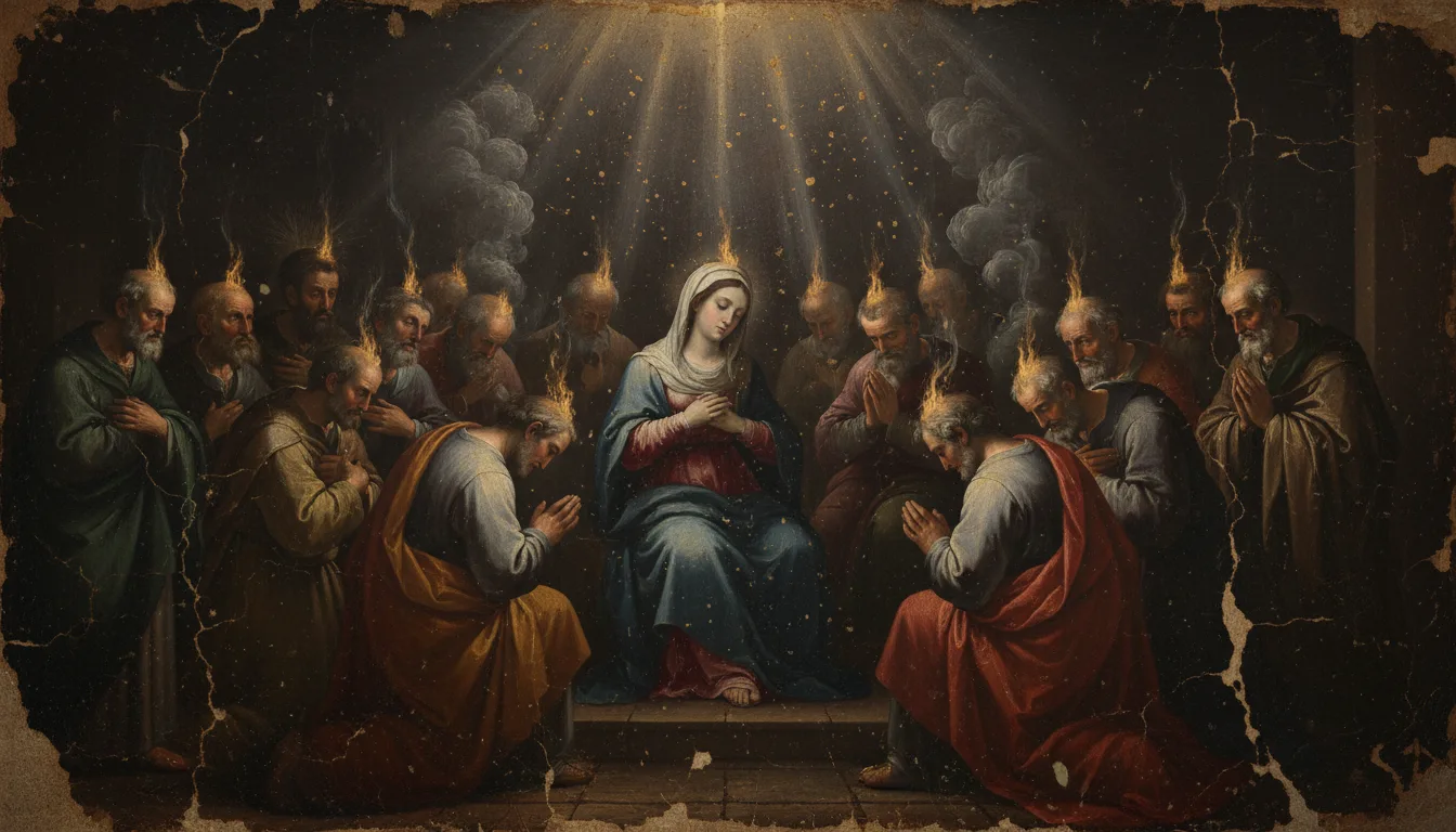 Les Apôtres et la Sainte Vierge réunis au Cénacle attendant la venue de l'Esprit Saint