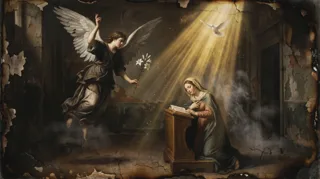 An angel with a lily and a dove appears to a kneeling woman writing at a prie-dieu in an Annunciation scene