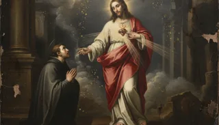 Kneeling friar before Christ, who displays his radiant flaming heart amid ruined columns and clouds