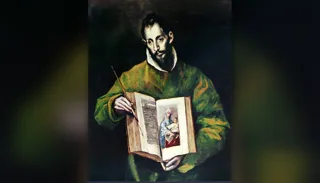 San Luca regge la penna e il libro aperto del suo Vangelo con l'immagine della Vergine col Bambino — El Greco