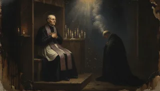 St John Vianney as a haloed priest in purple stole in a confessional as a hooded penitent kneels amid candles