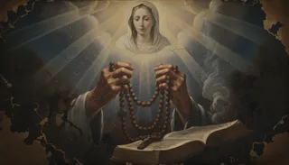 Our Lady seated in blue hands a rosary to a kneeling tonsured friar as cherubs and light gather above