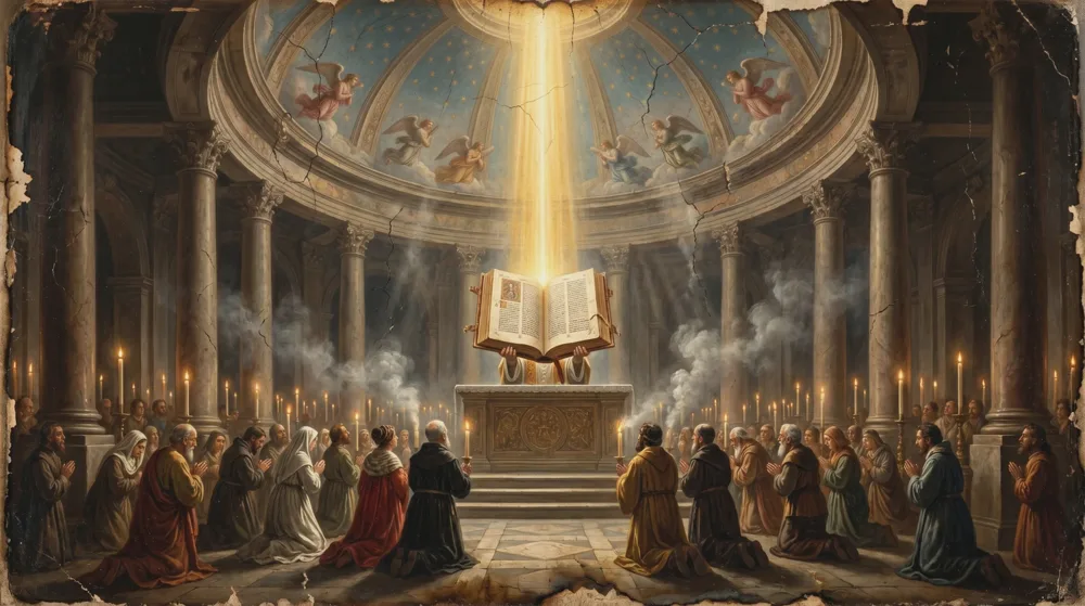 Kneeling worshippers surround an open illuminated book on an altar in a domed columned interior lit by candles