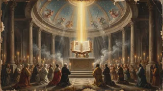 Kneeling worshippers surround an open illuminated book on an altar in a domed columned interior lit by candles