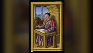 San Marcos evangelista escribe su Evangelio en un pupitre, con el león alado detrás de él — Jean Bourdichon