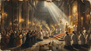 A vested priest at a golden altar during Mass in an ornate church, with a kneeling congregation, incense smoke, and light rays