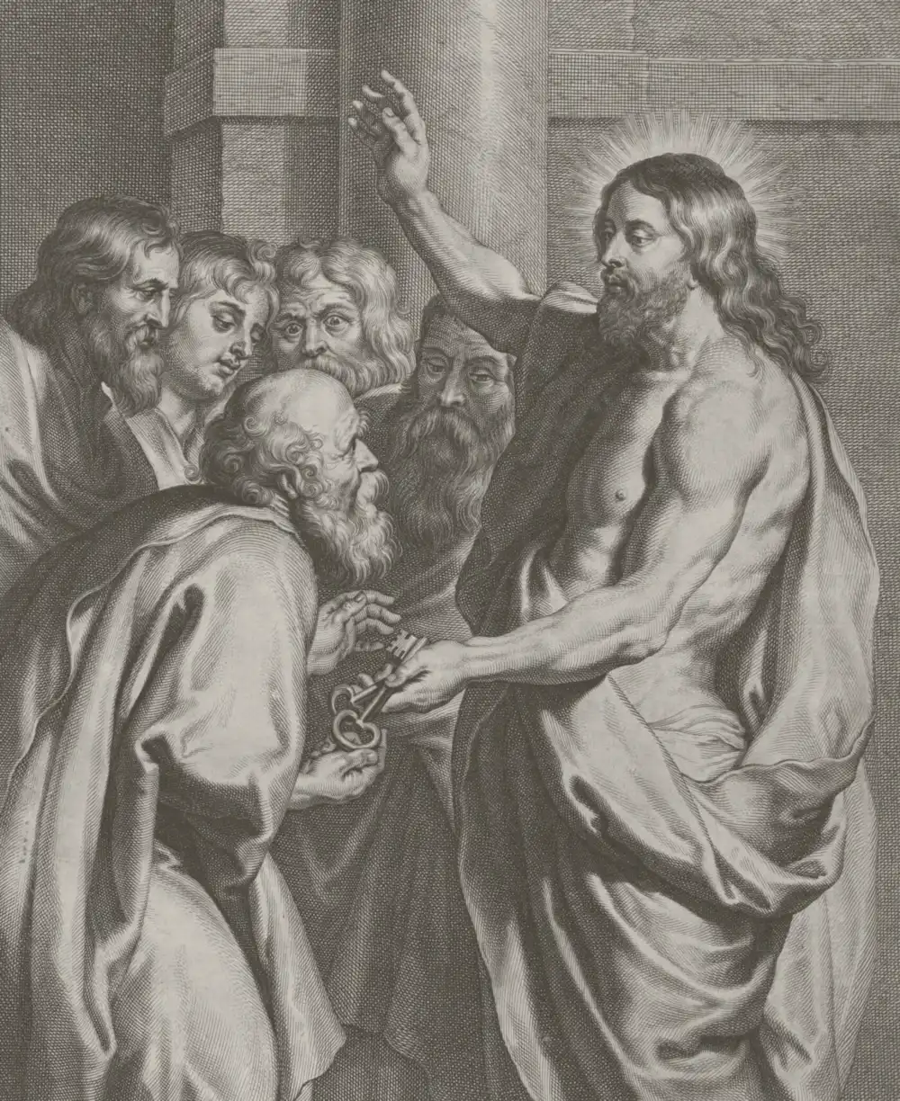 Cristo entregando las llaves a san Pedro, grabado de Pieter de Jode según Rubens