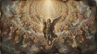 A winged armoured St Michael with a sword standing on the clouds amid concentric rings of angels and radiant light