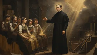 St Josemaria Escriva as a haloed priest in cassock gesturing toward seated workers among ruined columns, tools nearby