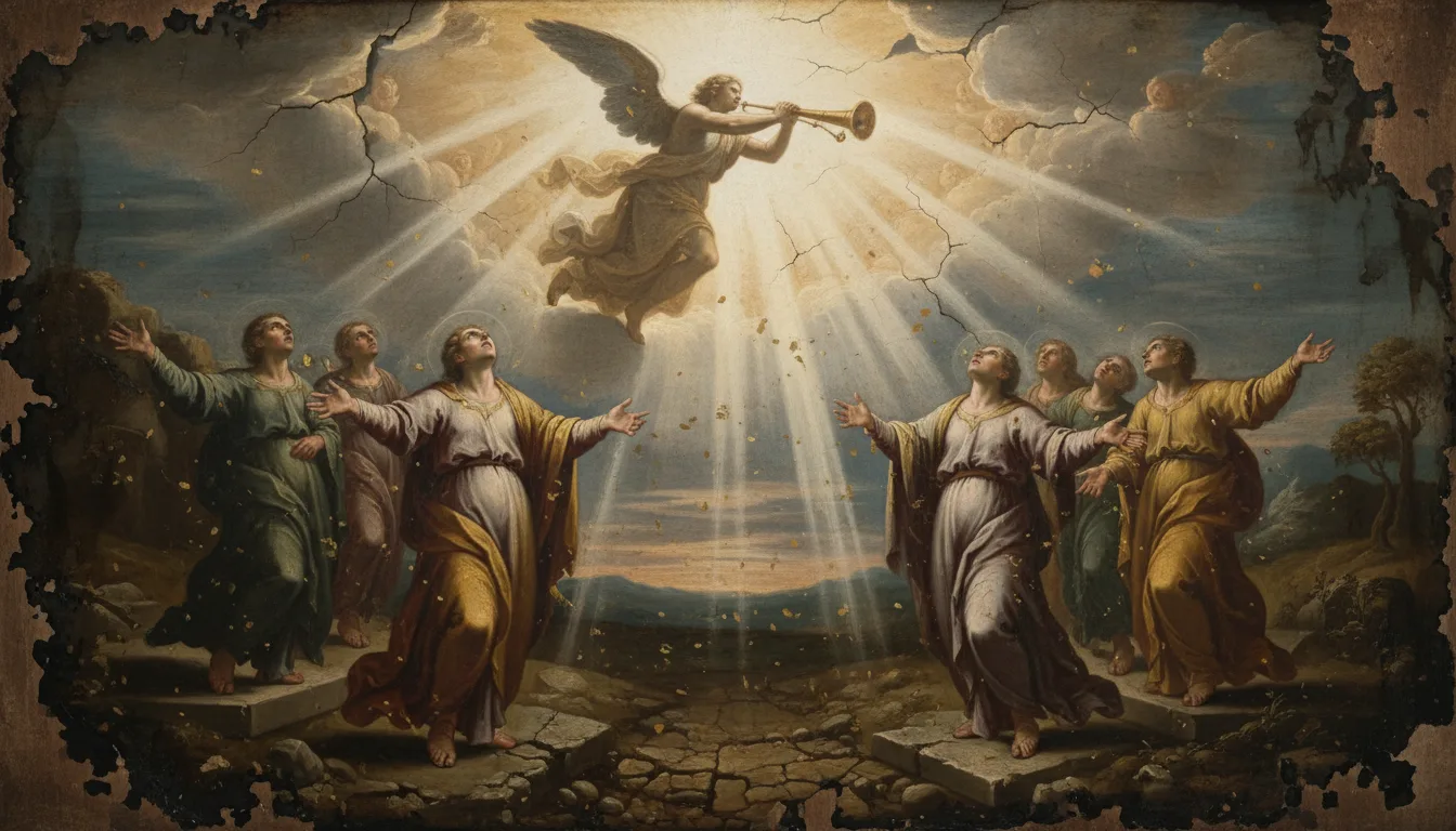 The dead rising from their graves at the general resurrection under divine light