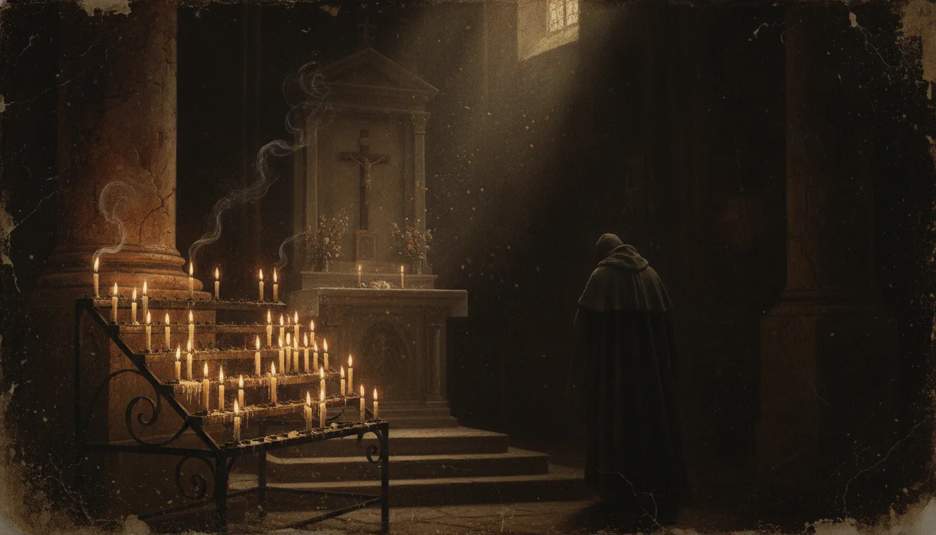 A rack of votive candles burning before a shadowed shrine in a church