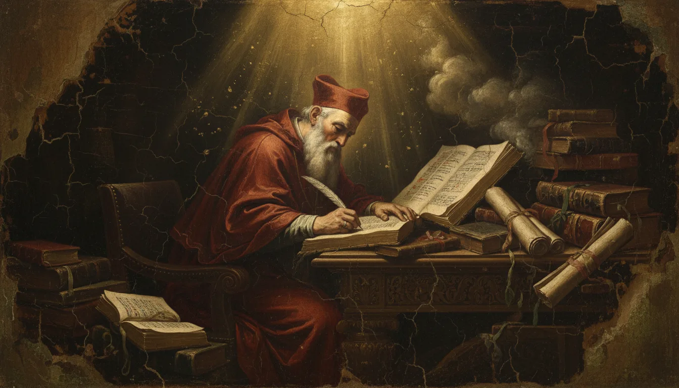 A robed Doctor of the Church seated writing at a desk beneath a shaft of light, sacred books around him