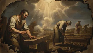 Cracked oil painting of a bearded man sawing a plank at a bench while a stooped figure hoes soil, laborers under light beams