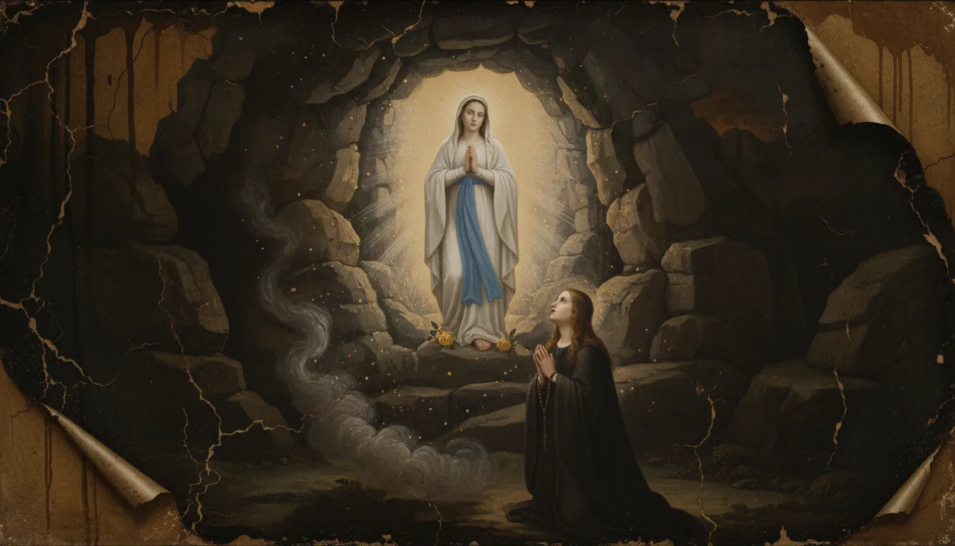 The Virgin in white appearing above Bernadette kneeling in the grotto