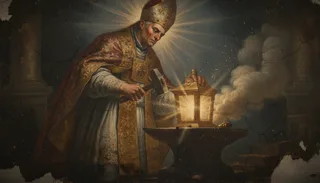Saint Éloi, évêque en habit doré et mitre, forge sur l'enclume une châsse lumineuse parmi des rayons de lumière