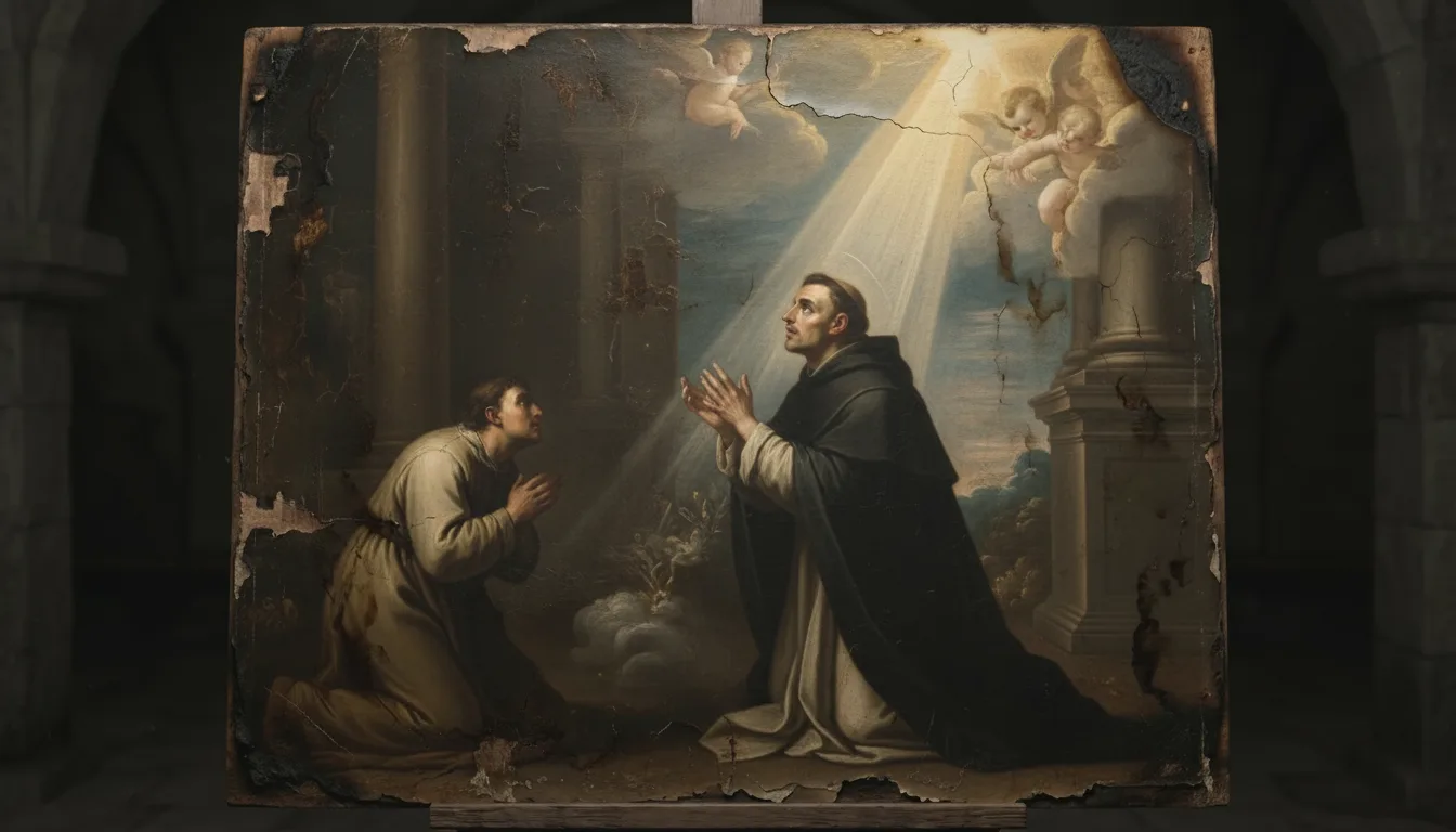 A robed saint kneeling in intercession, carrying the petitions of the faithful upward to a light above
